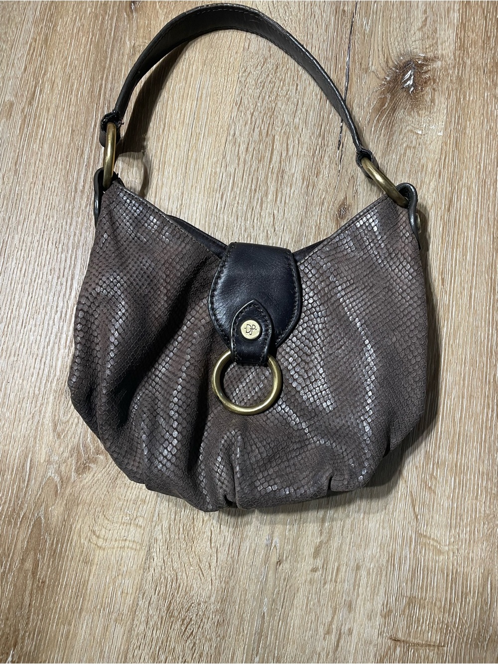 Brown Textured Shoulder Bag with Brass Ring Accent